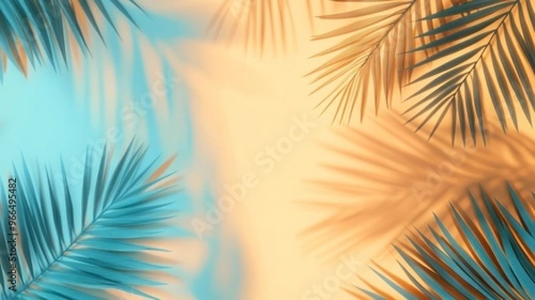 Fototapeta Palm Leaves and Shadows on a Pastel Background