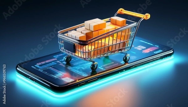 Obraz A futuristic digital art scene featuring a glowing shopping cart filled with product boxes, positioned on a smartphone screen. Generative AI