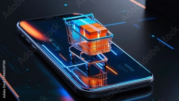Obraz A futuristic digital art scene featuring a glowing shopping cart filled with product boxes, positioned on a smartphone screen. Generative AI