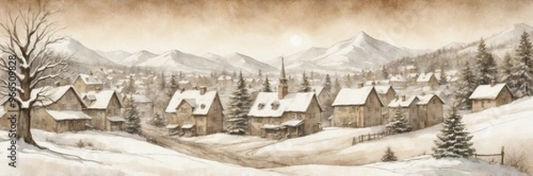 Obraz Traditional Snowy Mountain Village with Wood Houses and Pine Trees – Holiday Greeting Card in sepia tones