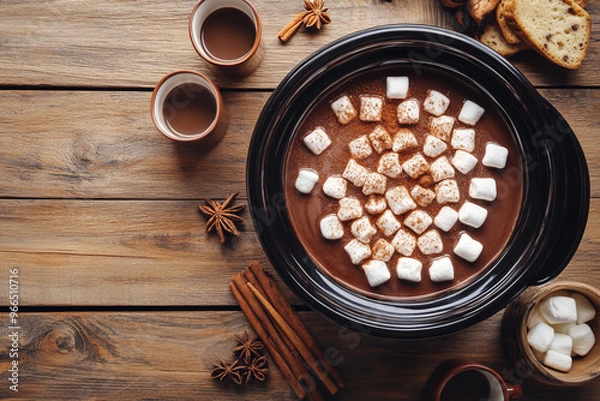 Fototapeta Hot chocolate with marshmallows in a cooking pot, surrounded by spices and cups on a wooden table