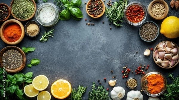 Fototapeta Top View of Various Colorful Spices and Herbs in Bowls on a Dark Rustic Surface
