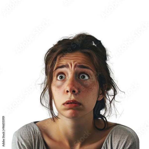Fototapeta A woman with a surprised and concerned expression, captured in front of a plain background.