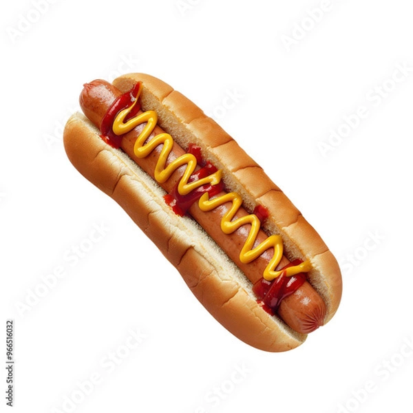 Fototapeta Classic hot dog with mustard and ketchup on a bun. Ideal for food blogs, restaurant menus, and culinary photography.
