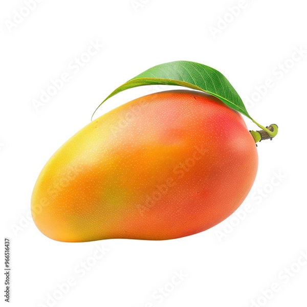 Fototapeta Close-up of a ripe, vibrant mango with a leaf on a white background. Perfect for tropical fruit themes or healthy diet concepts.