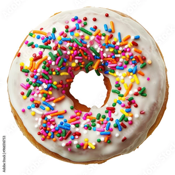 Fototapeta Colorful iced donut with sprinkles isolated on white background. Vibrant and delicious pastry perfect for any sweet tooth.