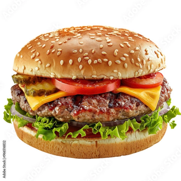 Fototapeta Delicious cheeseburger with a juicy beef patty, fresh lettuce, tomato, onion, and melted cheese in a sesame seed bun.
