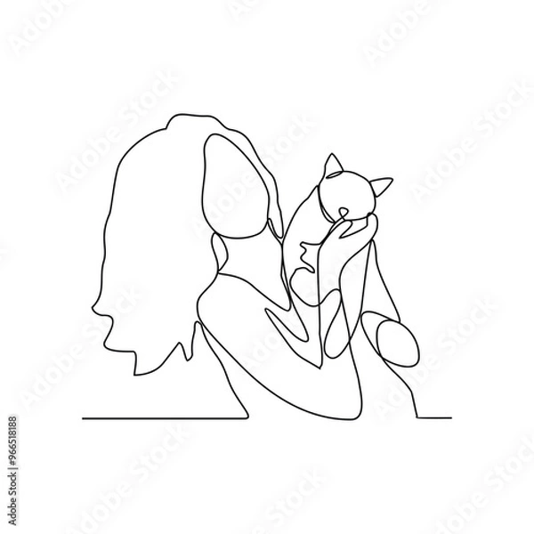 Obraz One continuous line drawing of the people is play with their pet by hugging and carrying it as vector illustration. Playing with dog activity illustration in simple linear style vector concept.