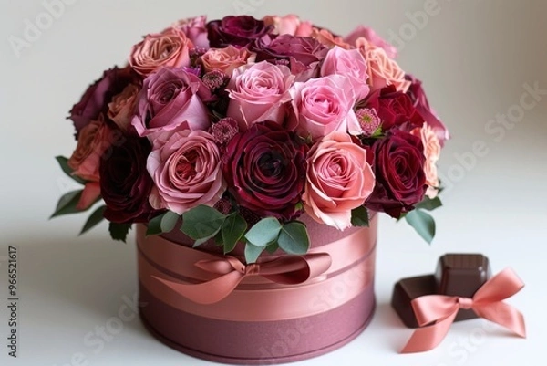 Fototapeta A beautiful bouquet of pink and red roses in a round box with a pink ribbon and chocolates next to it.