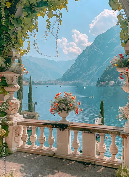 Fototapeta Scenic lake como terrace view with mountains and flowers under clear blue sky