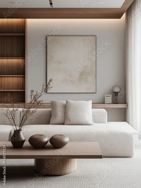 Fototapeta A living room with a white couch, a coffee table, and a vase with flowers on it. The room has a minimalist and clean look, with a focus on the white couch and the vase