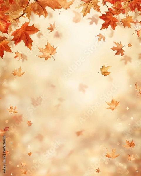 Obraz Fall season invitation with vibrant leaves bokeh background and copy space for text. Concept of nature, festivity, and creativity.