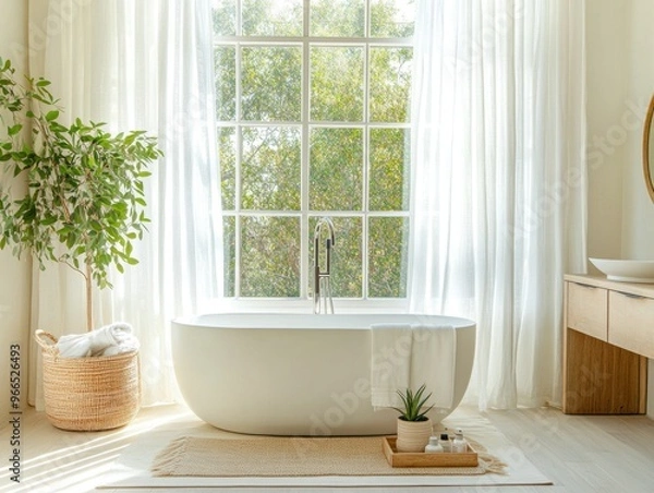 Obraz A bathroom with a large white bathtub, a potted plant, and a window. The room is bright and airy, with a sense of calm and relaxation