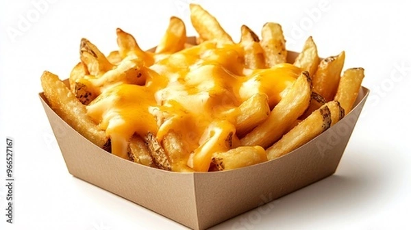 Fototapeta French fries topped with melted cheese in cardboard container