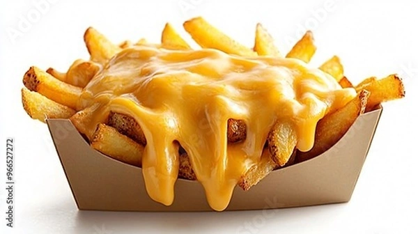 Fototapeta French fries covered with melted cheese sauce in a cardboard container