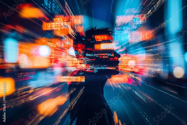 Fototapeta A digital human face made of binary code and data symbolizing AI