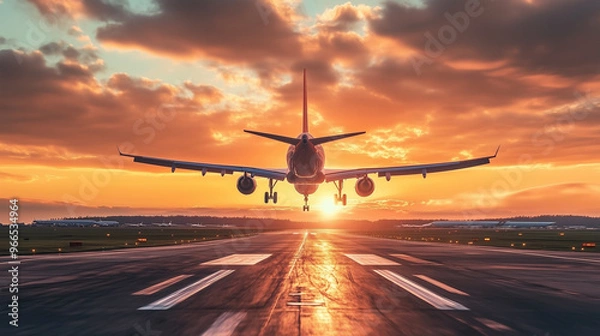 Fototapeta airplane taking off from airport at sunrise for background
