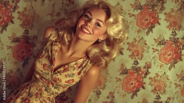 Fototapeta Imagen de estilo retro de mujer rubia con glamour de Hollywood. Vestido floral, fondo vintage y una sonrisa que evoca los años 50.