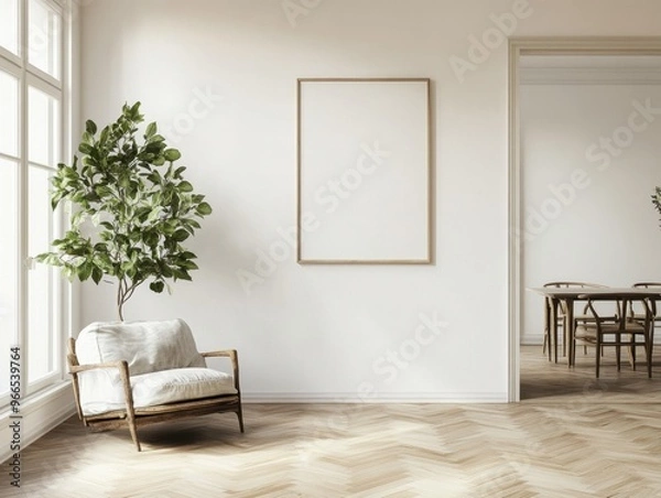 Fototapeta A white room with a chair and a potted plant. The room is empty and has a minimalist feel