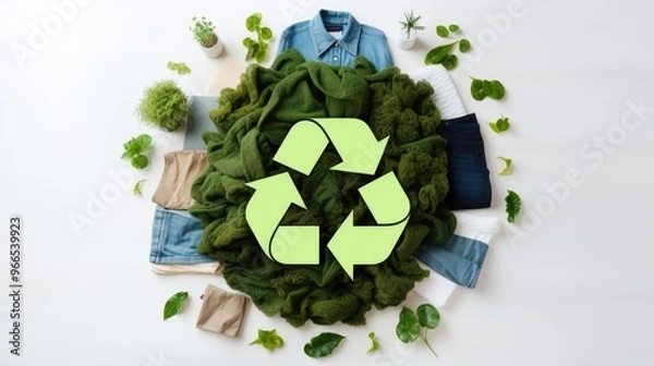 Fototapeta A flat lay of clothing and plants on a white background. The clothing is arranged in a circle around a green recycle symbol.
