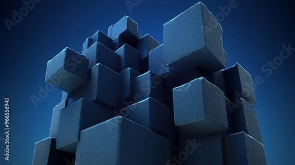 Obraz Abstract composition of blue blocks creating a modern and artistic structure on a dark background.