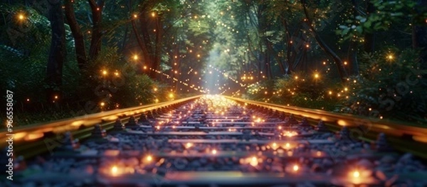 Obraz Enchanted woodland path at night with glowing lights sparkling reflections in the water and a serene fairytale like atmosphere  A magical mysterious