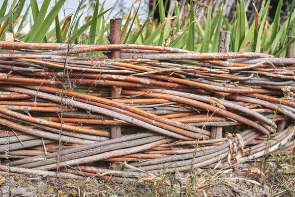 Fototapeta Close-up of old rustic wicker fence in the garden. Traditional handmade wattle fence in the village
