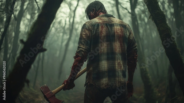 Fototapeta A zombie lumberjack with a rusted axe in hand, flannel shirt torn and bloody, decayed flesh hanging from bones, standing in a creepy forest.