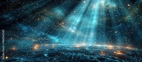 Fototapeta Breathtaking cosmic landscape with shimmering celestial elements including galaxies nebulae and stars set against the backdrop of a distant metropolis illuminated by glowing lights