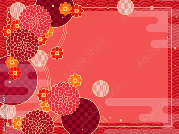 Fototapeta 赤いダリアの背景、和風のレトロポップなフレーム
