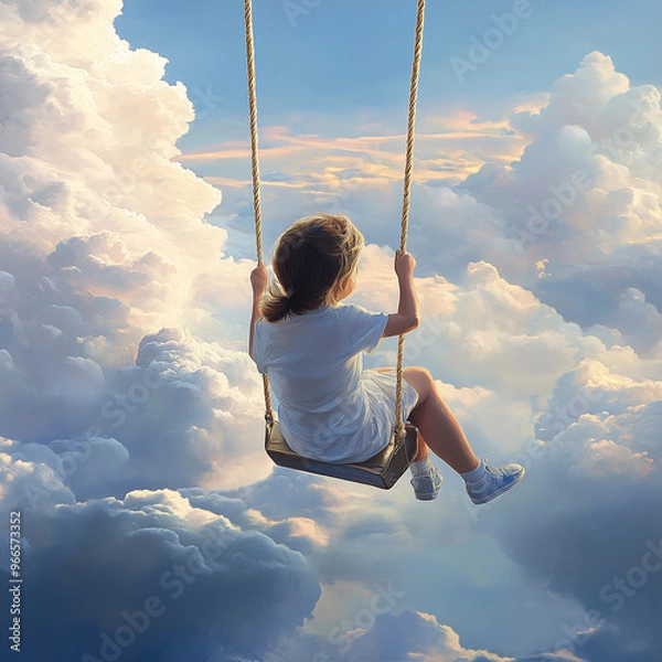 Fototapeta A girl swinging in the clouds with a peaceful expression