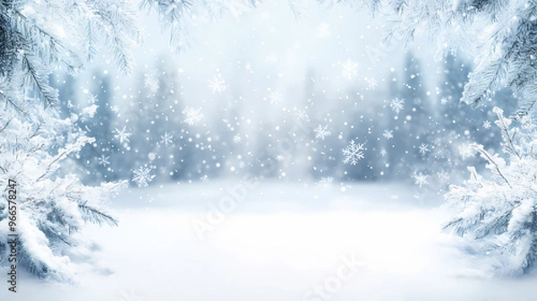 Fototapeta Winter wonderland snow scene with copy space. winter background with a snowflake border and white vignetting. Winter Wonderland. Illustration