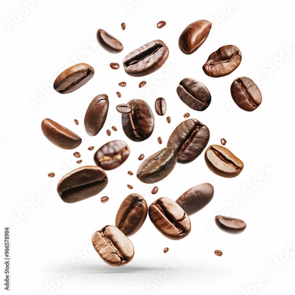 Obraz Roasted coffee beans falling on white background