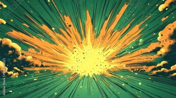 Fototapeta cartoonstyle green explosion background comic book inspired dynamic burst effect vibrant lime hues radiating energy bold graphic design element for action scenes