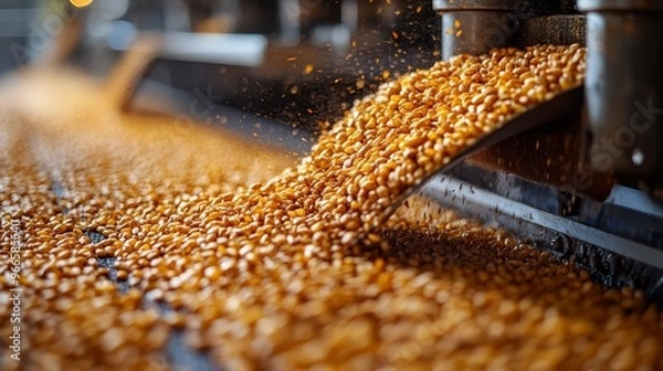 Fototapeta Close-up of a corn processing machine with kernels flowing into the conveyor belt, showcasing agriculture and industrial equipment.