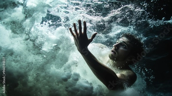Fototapeta Dramatic underwater photo of a man reaching towards the surface, surrounded by turbulent water waves and bubbles.