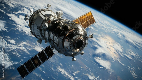 Obraz 衛星軌道上に浮かぶ宇宙ステーションと地球をリアルに描いたAI生成画像