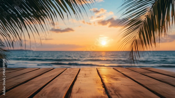 Obraz 商品展示用木製テーブルモックアップと美しい夕日ビーチと椰子の葉をリアルに描いたAI生成画像