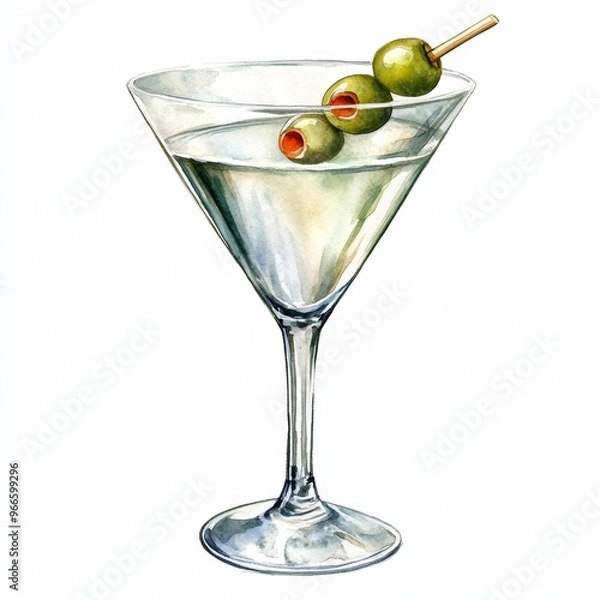 Fototapeta Charming watercolor illustration of a classic martini clipart, isolate on white, with an olive garnish