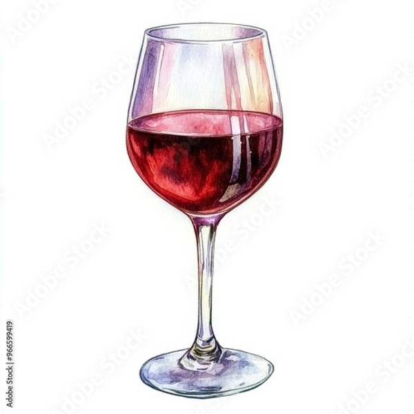 Fototapeta Elegant watercolor illustration of a glass of red wine clipart, isolate on white, with a hint of reflection