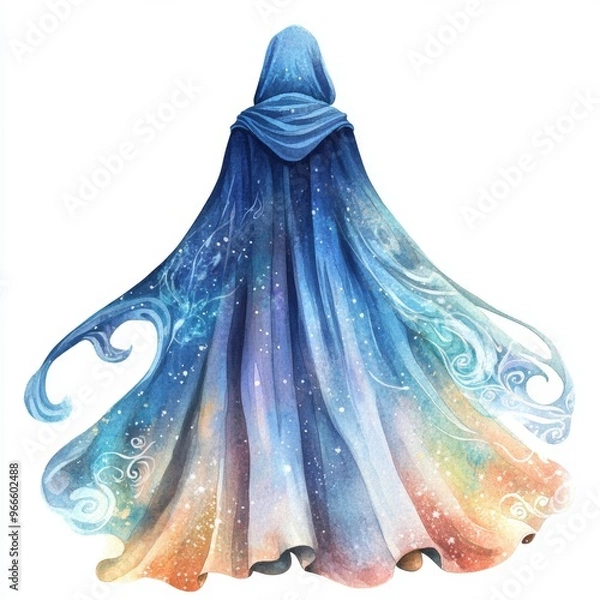 Fototapeta Ethereal watercolor illustration of a fairy-tale inspired cloak clipart, isolate on white, with magical swirls and stars