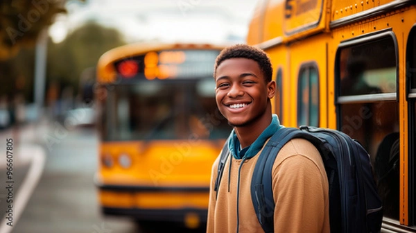 Fototapeta A young teenager returns to school after the holiday period, he is smiling and in the background you can see the school bus.