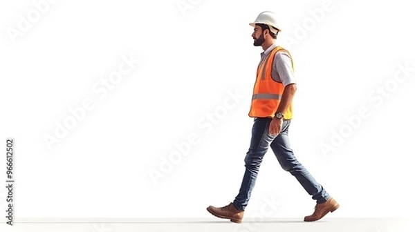 Fototapeta Professional Construction Worker in Hard Hat and Safety Vest Walking Right in Side View Isolated Full Body Shot - Concept of Site Management and Building Process
