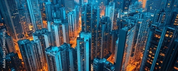 Fototapeta Aerial view of a cityscape at night with tall illuminated buildings creating a mesmerizing urban landscape with glowing lights.