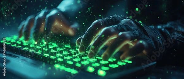 Fototapeta Rapidly typing hands in dark environment, illuminated by green keyboard lights, create mysterious and intense atmosphere..