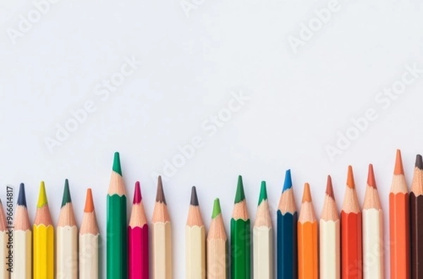 Fototapeta Colorful Pencils Lined Up on White Background, Green, Orange, and Brown, Ideal for Educational or Creative Projects