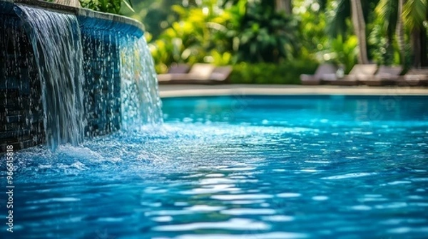 Obraz Tranquil pool with waterfall feature surrounded by lush greenery and sun loungers on a sunny day.