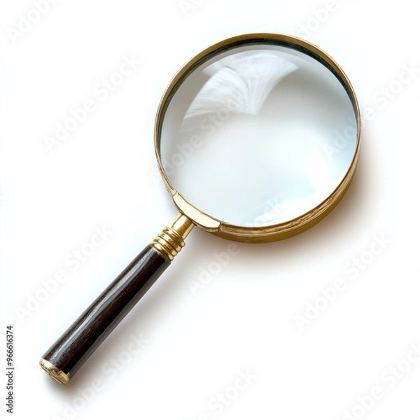 Fototapeta Magnifying glass with wooden handle on white background, perfect for detailed examination and exploration..