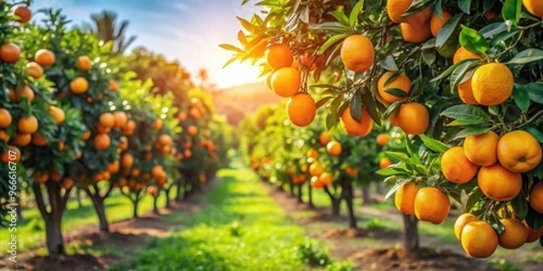 Fototapeta Orchard with orange trees and ripe fruits on branches, showcasing a rich harvest on the farm, Orange trees