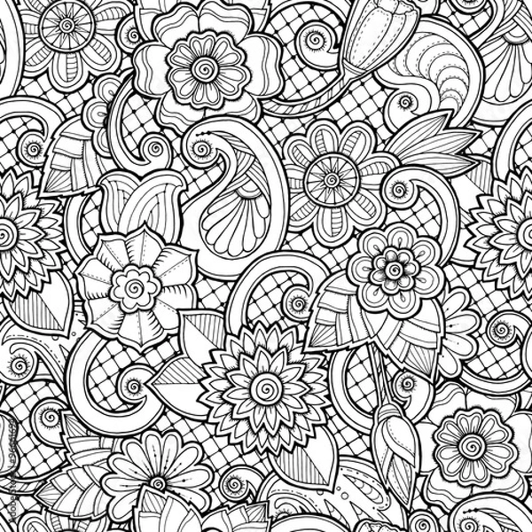 Fototapeta Seamless background in vector with doodles, flowers and paisley.